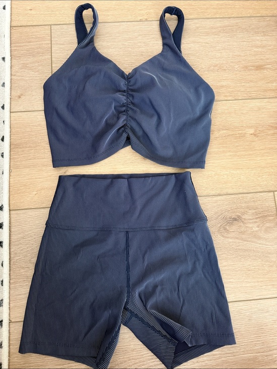 aerie Other - aerie Navy Pinstripe Ruched Sports Bra & High-Waist Shorts